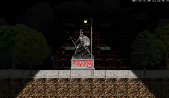 Night plaza with statue and street light